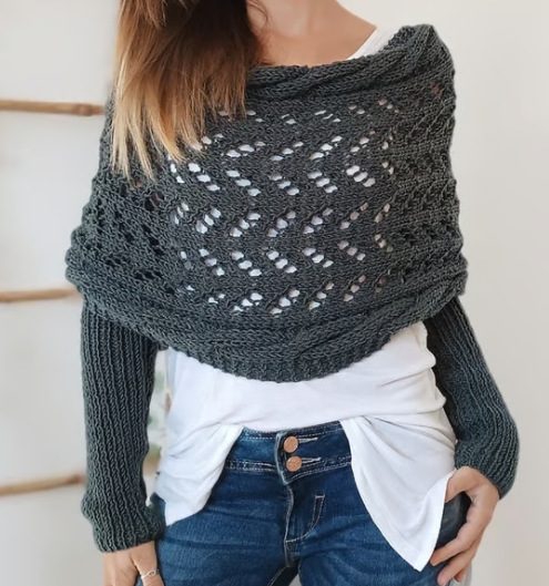 Cross off-shoulder beautiful knitted hollow long-sleeved double-sleeve shawl outer cardigan women