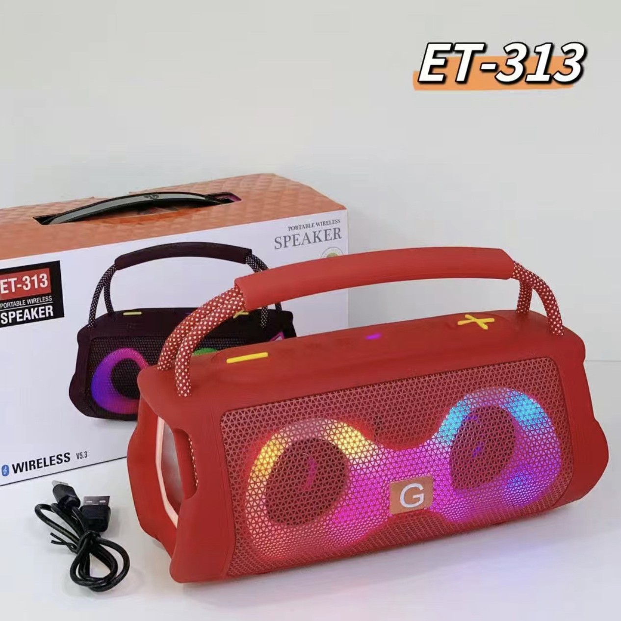 New ET-313 Portable Bluetooth Speaker with Colorful Lights Outdoor Dual Speaker Plug-in Card Bass