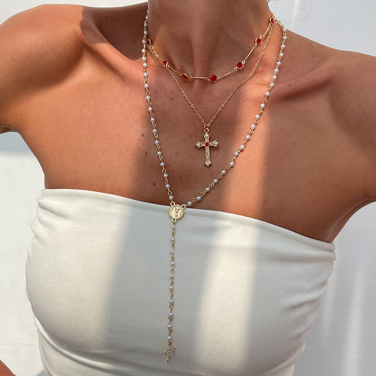 Hip-hop rhinestone cross pendant necklace faux pearl chain layered neck ornament for women