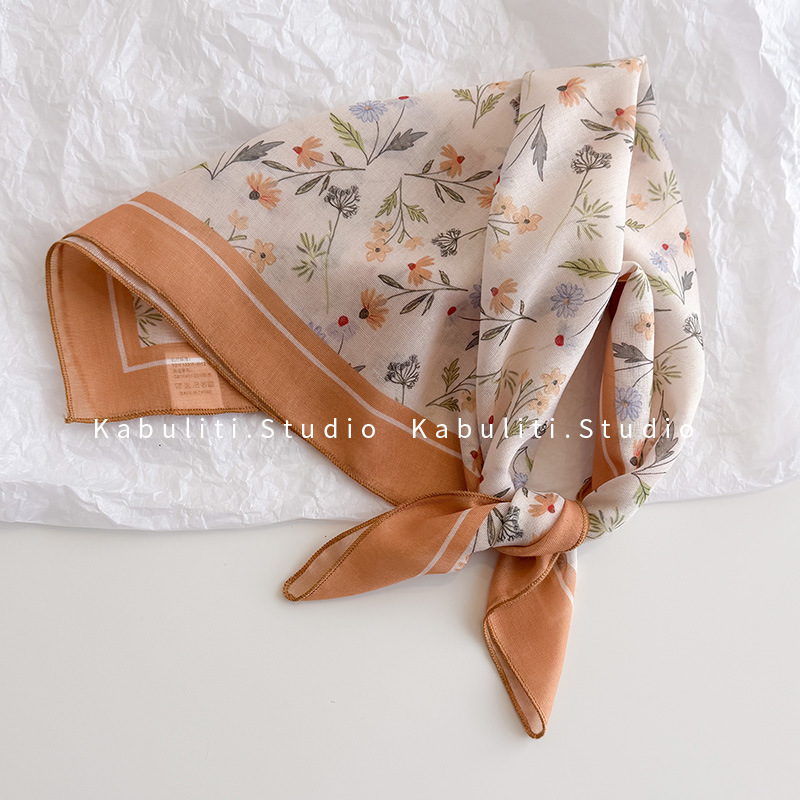 Silk scarf women's cotton linen small square scarf, sweet crushed flower headwrap sun protection decorative photo air-conditioned room shawl