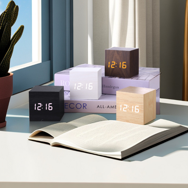 Mini small square wooden clock, LED electronic alarm clock, silent voice-activated multi-functional clock, gift logo decoration