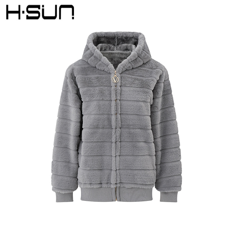 H·SUN Women's Plush Stand Collar Zip-Up Cardigan Sweatshirt Thick Fleece Japanese and Korean Casual Neutral Style 2026 Winter