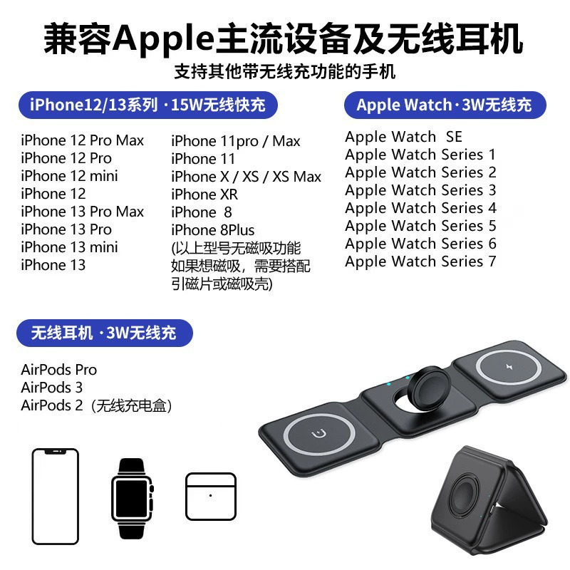 Three-in-one wireless charger magnetic foldable portable desktop charging dock 15W fast charging compatible with Apple Huawei
