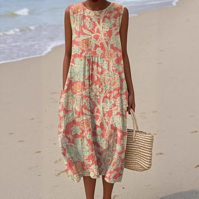 New Amazon Summer Sleeveless Pocket Casual Printed Long Dress Slim Fresh Style