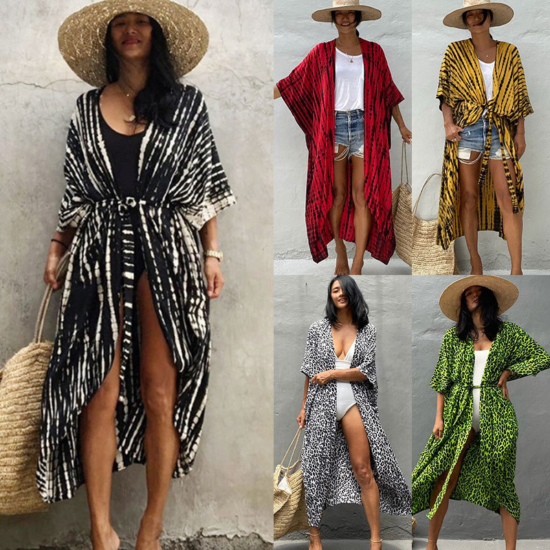 Rayon Black and White Tie Dye Cardigan Beach Dress Bikini Cover Up Swimsuit Outer Cardigan Sun Protection Vacation Dress