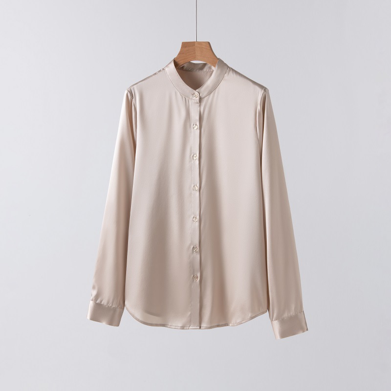 2026 Spring Autumn New Silk Blouse for Women Satin Long Sleeve Shirt Niche Mulberry Silk Top Stand Collar Cardigan