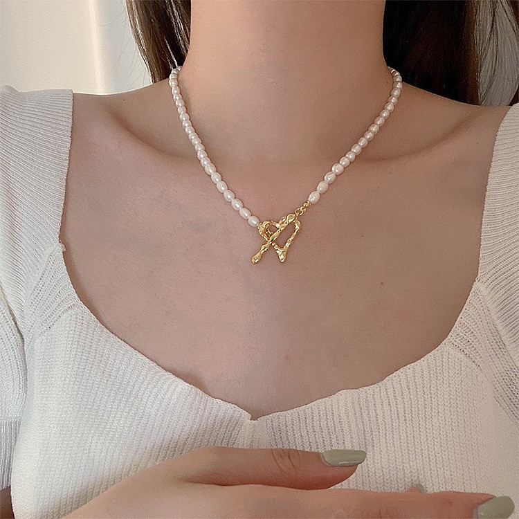 Natural Freshwater Pearl Necklace Women Baroque Collarbone Chain 14K Gold Plated Necklace Sweater Chain