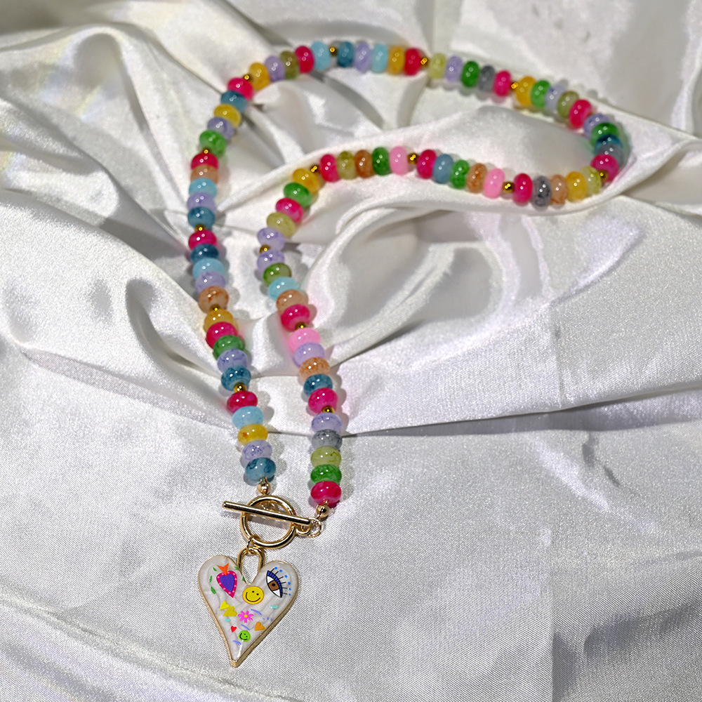 Accessories Mixed Color Glass Bead Necklace for Women Heart Pendant Handmade Bead Choker Necklace