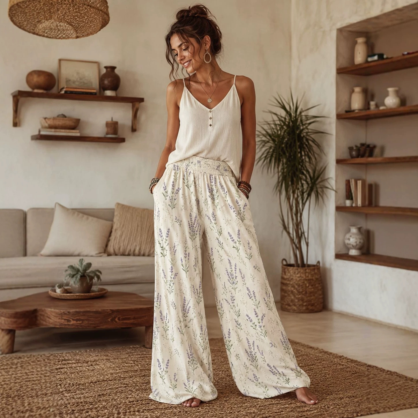 2026 Summer New Linen Printed Pants Commute Style High Waist Elastic Wide Leg Pants Women