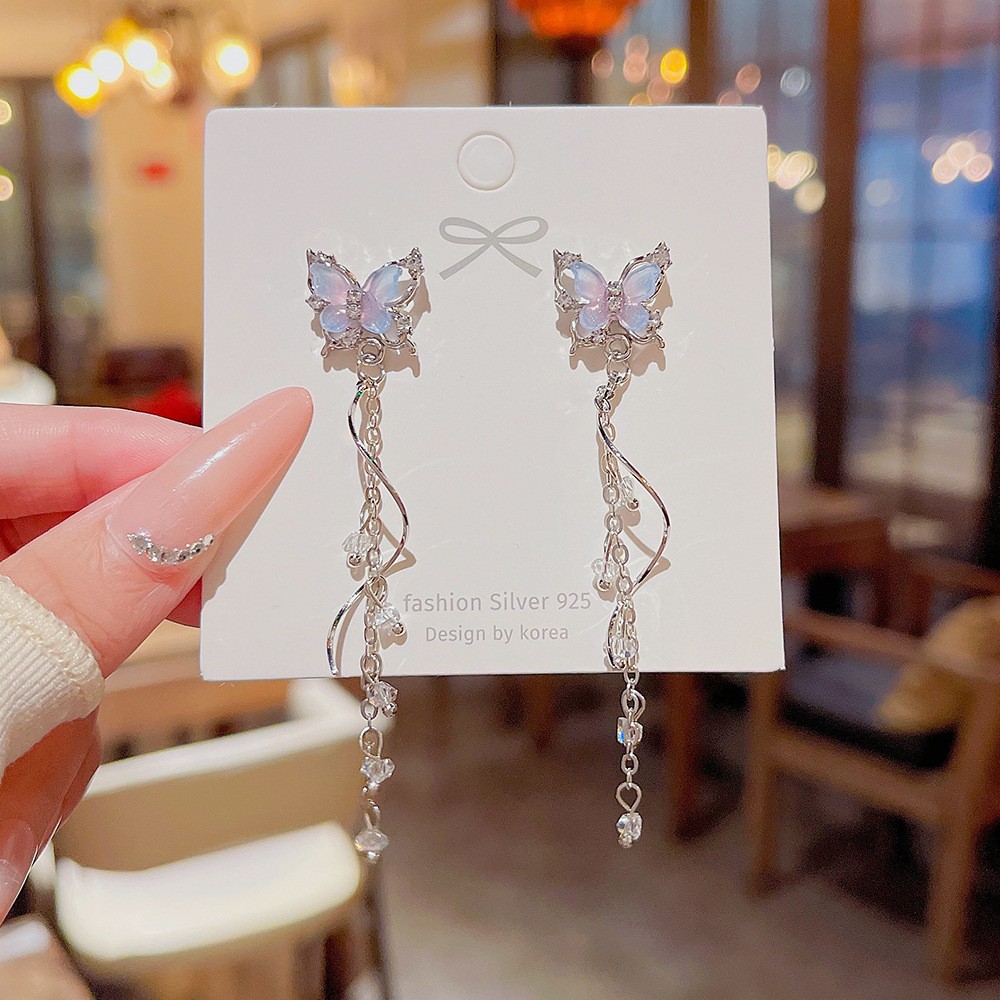 Imitation Silver Needle Purple Butterfly Earrings Niche Tassel Exquisite Unique Ear Accessories