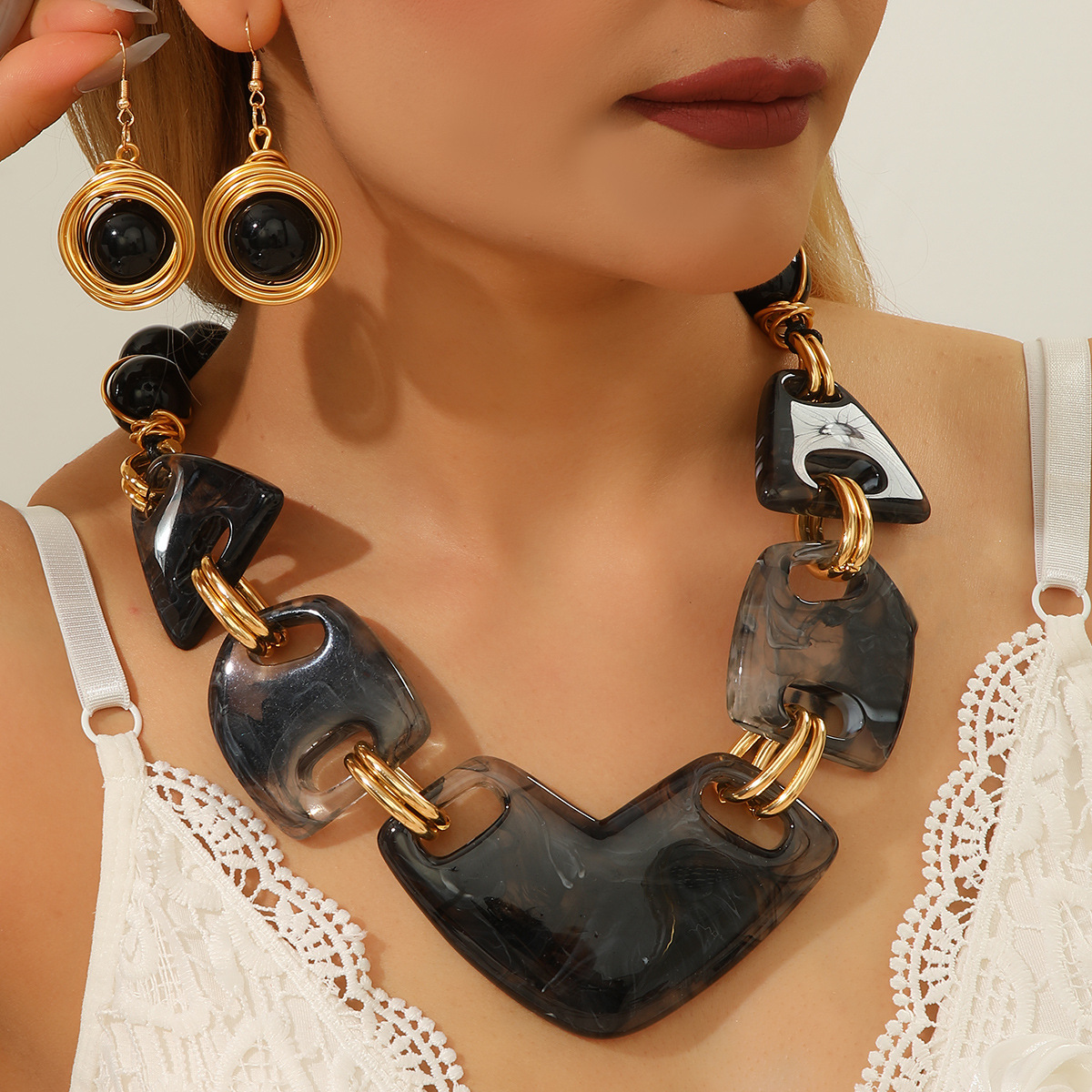 Resin imitation gemstone spliced necklace and earring set exaggerated accessories necklace women
