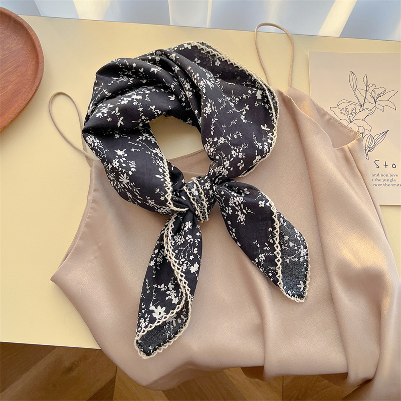 New pure cotton yarn scarf, black rice small square scarf, scarf hairband, spring and summer neck-protecting scarf for women, headscarf floral