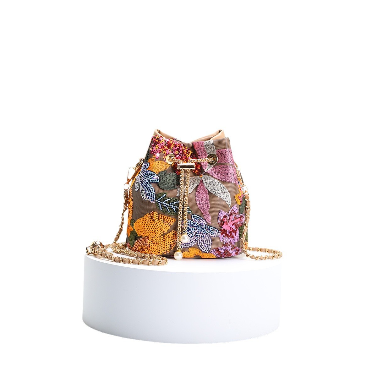 Women's Bag New Chinese Style Flower Embroidery Sequins Mesh Splicing Contrast Color Elegant Lady Drawstring Chain Bucket Bag