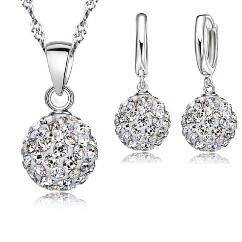 S925 10mm AB mud full diamond ball water wave chain tassel crystal full diamond set earrings necklace