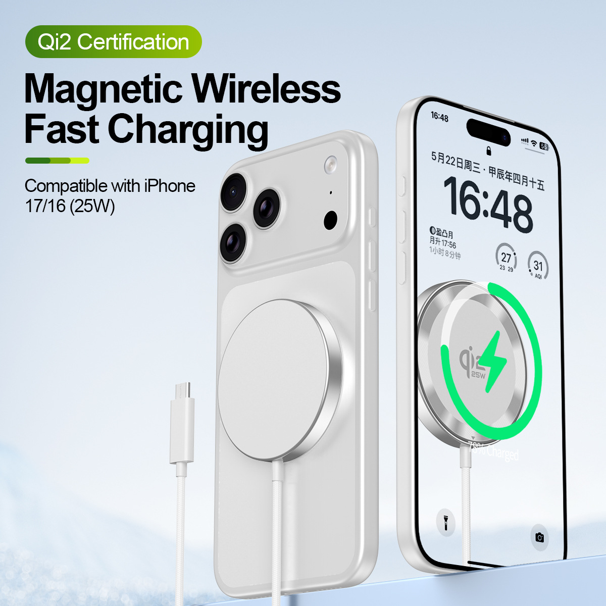 QI2.2 25W magnetic wireless charger Type-C interface for Apple Huawei Xiaomi Samsung phones round