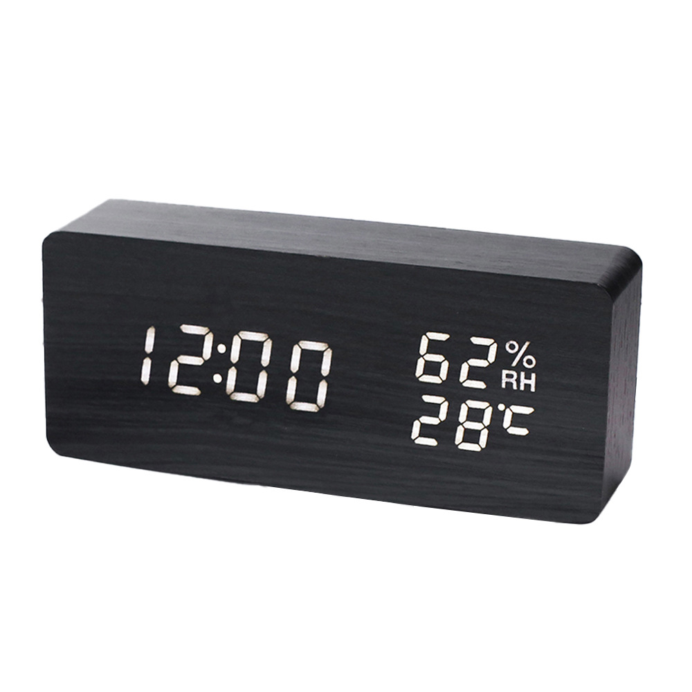 Smart voice-controlled wooden digital alarm clock, temperature and humidity clock, PVC wooden office clock, student electronic clock, LED wooden clock