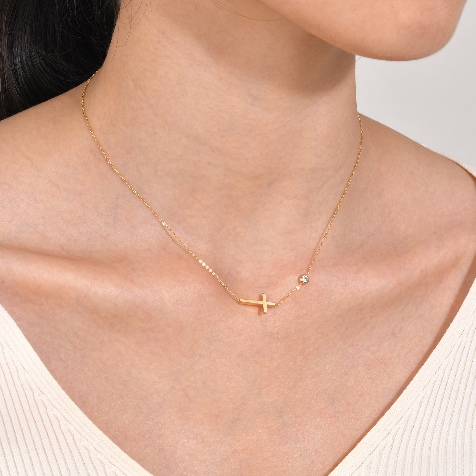 Huanmu Accessories Stainless Steel Cross Necklace Simple Single Zircon Collarbone Chain Women's Style