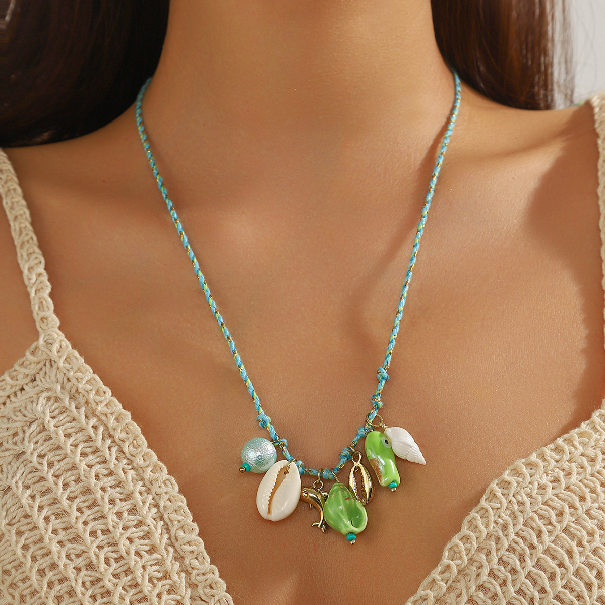 Jewelry colorful rope woven ocean style shell starfish ceramic fish pendant Bohemian summer necklace