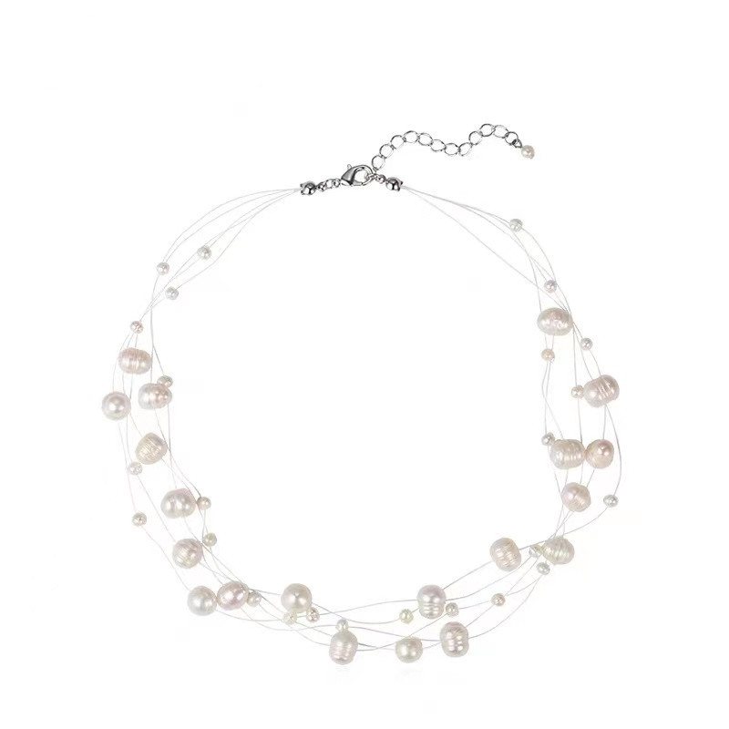 Freshwater Real Pearl Necklace Size Alternating Multi-Layer Handmade Fish Line Collarbone Chain Braided Jewelry Women