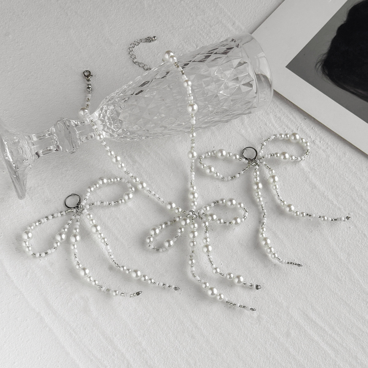 Accessories Size Pearl Earrings Simple Rice Bead Bow Earring Necklace Set