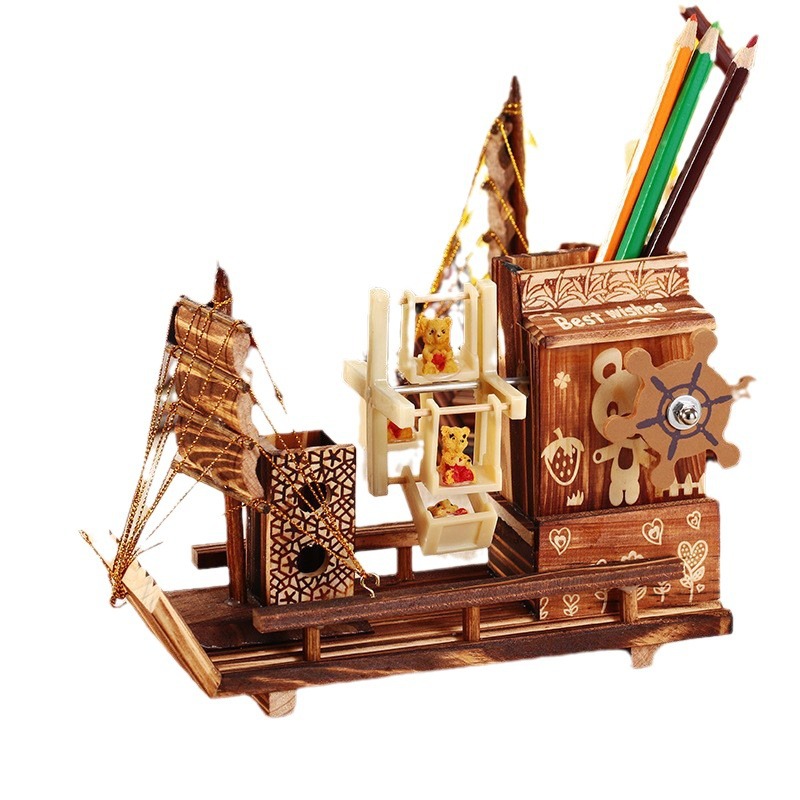 M1512 Wooden House Windmill Sailboat Rotating Music Box 60-273 Wooden Pen Holder Student Birthday Gift