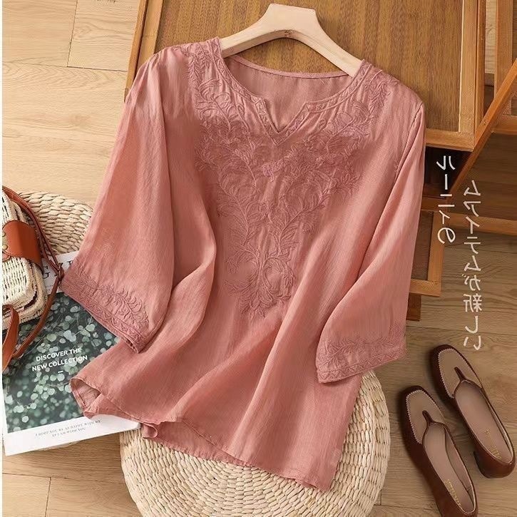 Spring summer new cotton-linen embroidered seven-point sleeve top women's loose round neck embroidered shirt