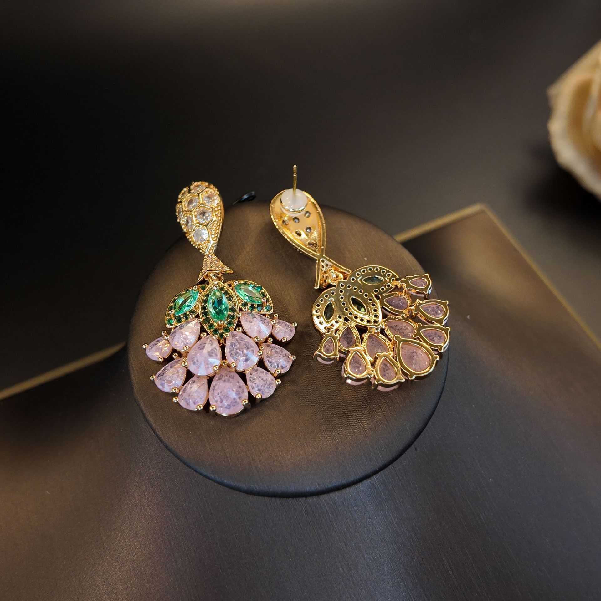 Copper inlaid zircon green leaf pink drop petal scallop flower earring women's accessories