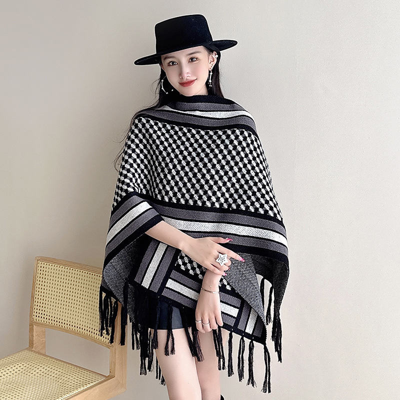 2023 Autumn Winter New Ethnic Style Tassel Shawl Cape Cape Outer Wear Jacquard Loose Knitted Cardigan Coat Women