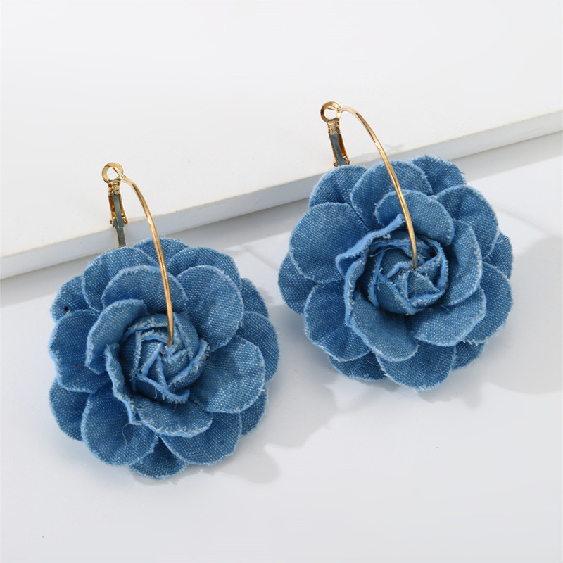 EZ5074 Women's Earrings Camellia Denim Blue Cloth New Women's Ear Accessories