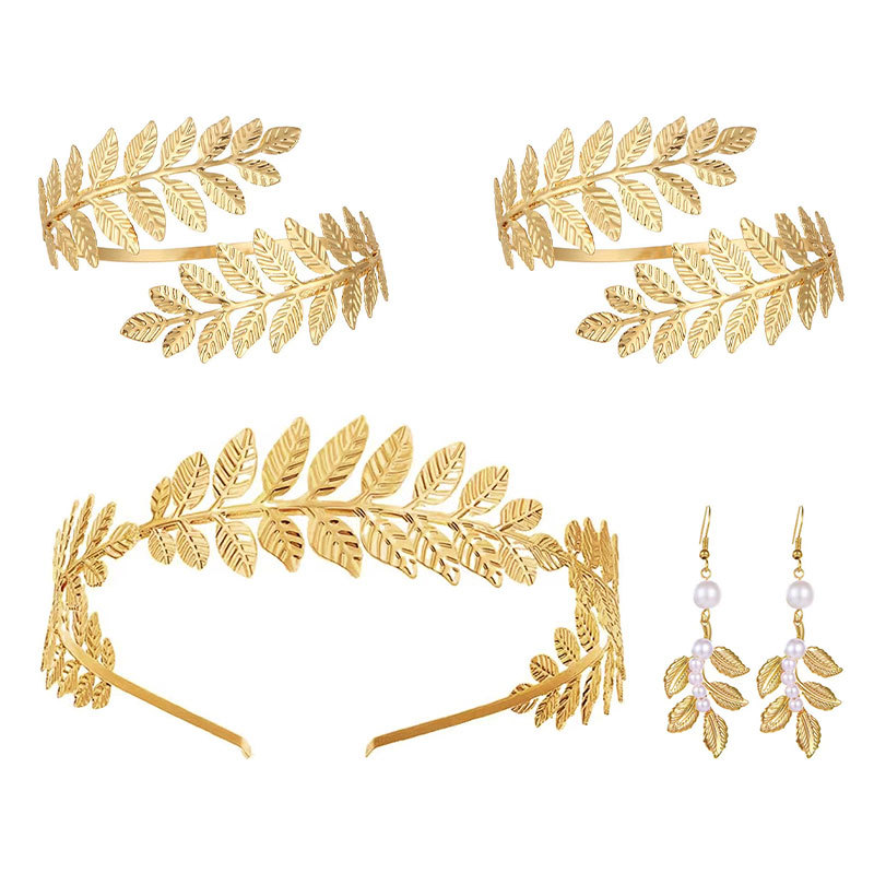 Bridal leaf headband gold goddess leaf hair comb headpiece bracelet pearl earring set