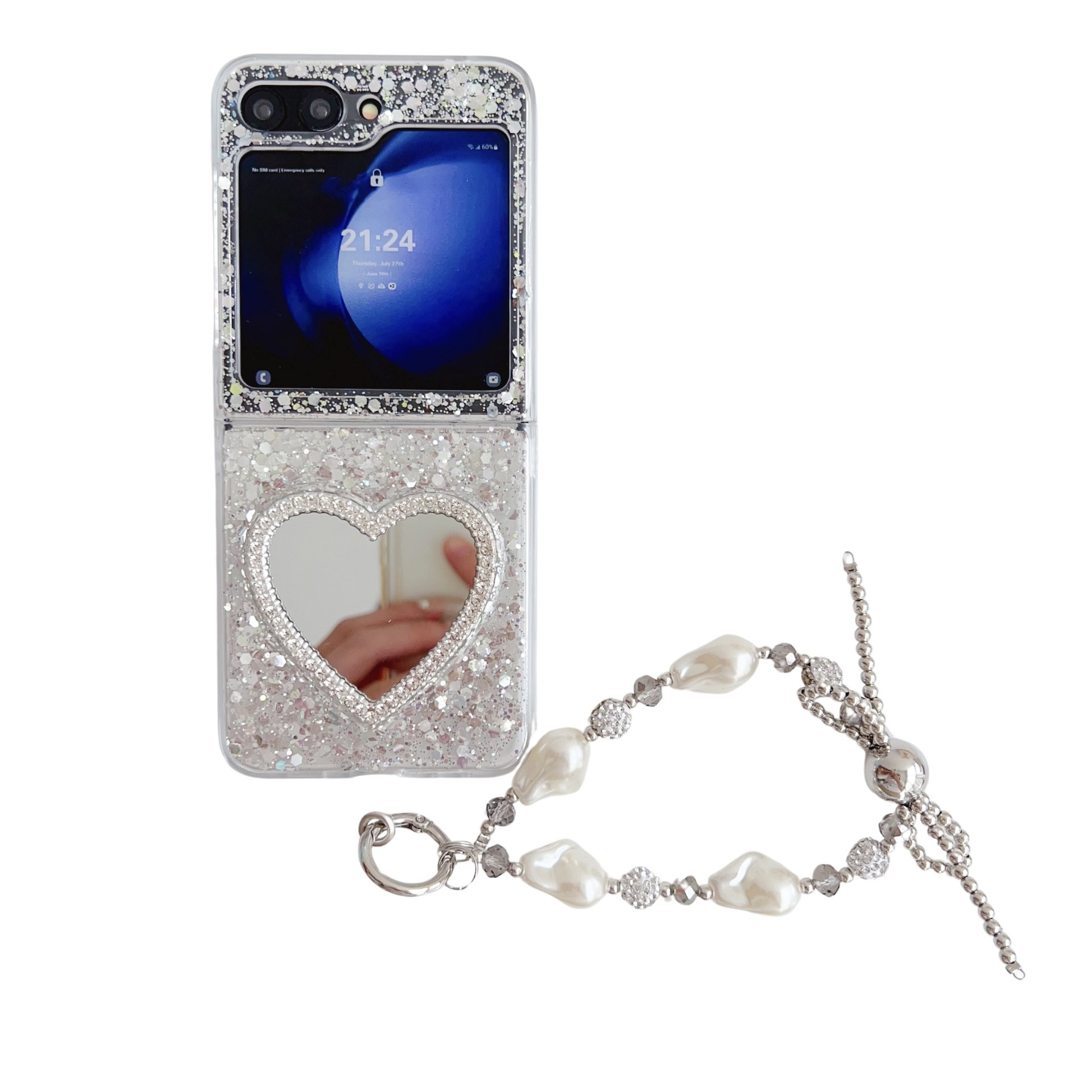 Glitter powder mirror compatible Galaxy zflip 8/7/6/4 phone case Samsung 5th generation folding protective case chain