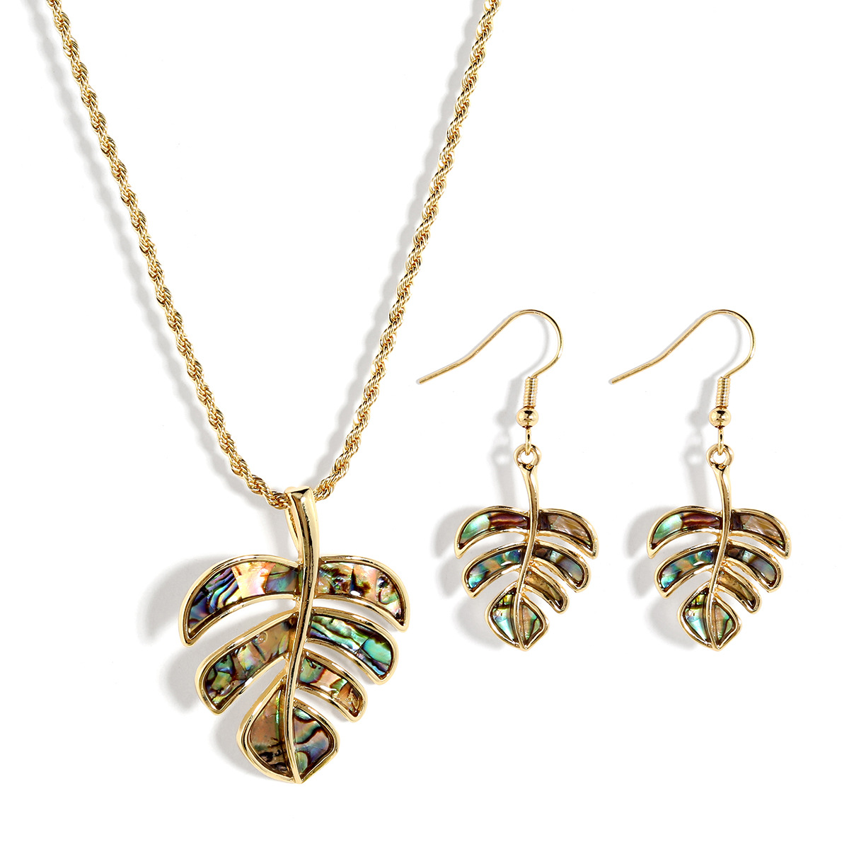 Monstera Leaf Jewelry Set Natural Abalone Shell Applique Earrings Necklace Two-Piece Set Island Style Accessories