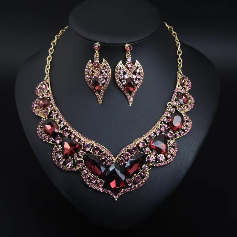 Exaggerated Bride Accessories Necklace Earring Set Wedding Dress Banquet Artificial Gemstone