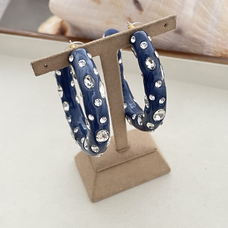 Blue full diamond large C earrings ear hoops style resin ear accessories