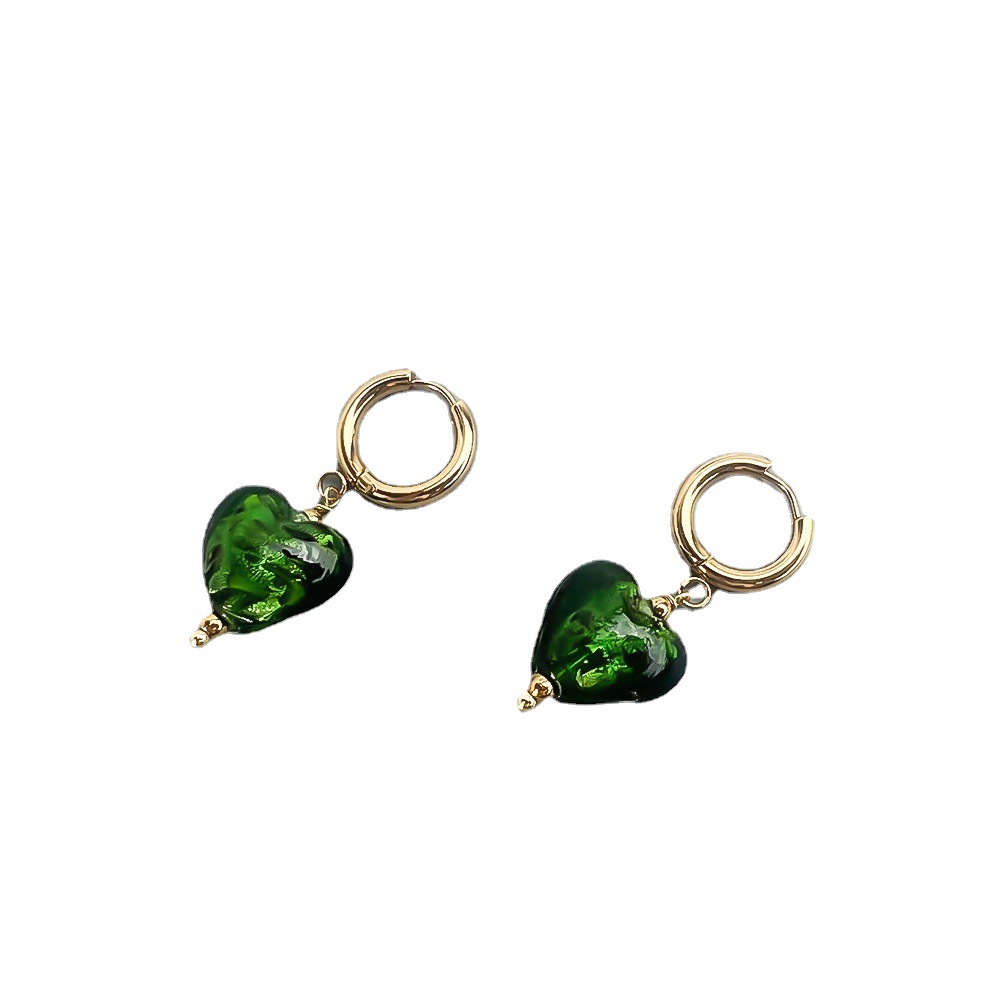 Stainless steel palace girl style gold foil colored琉璃 heart earrings gorgeous style earrings