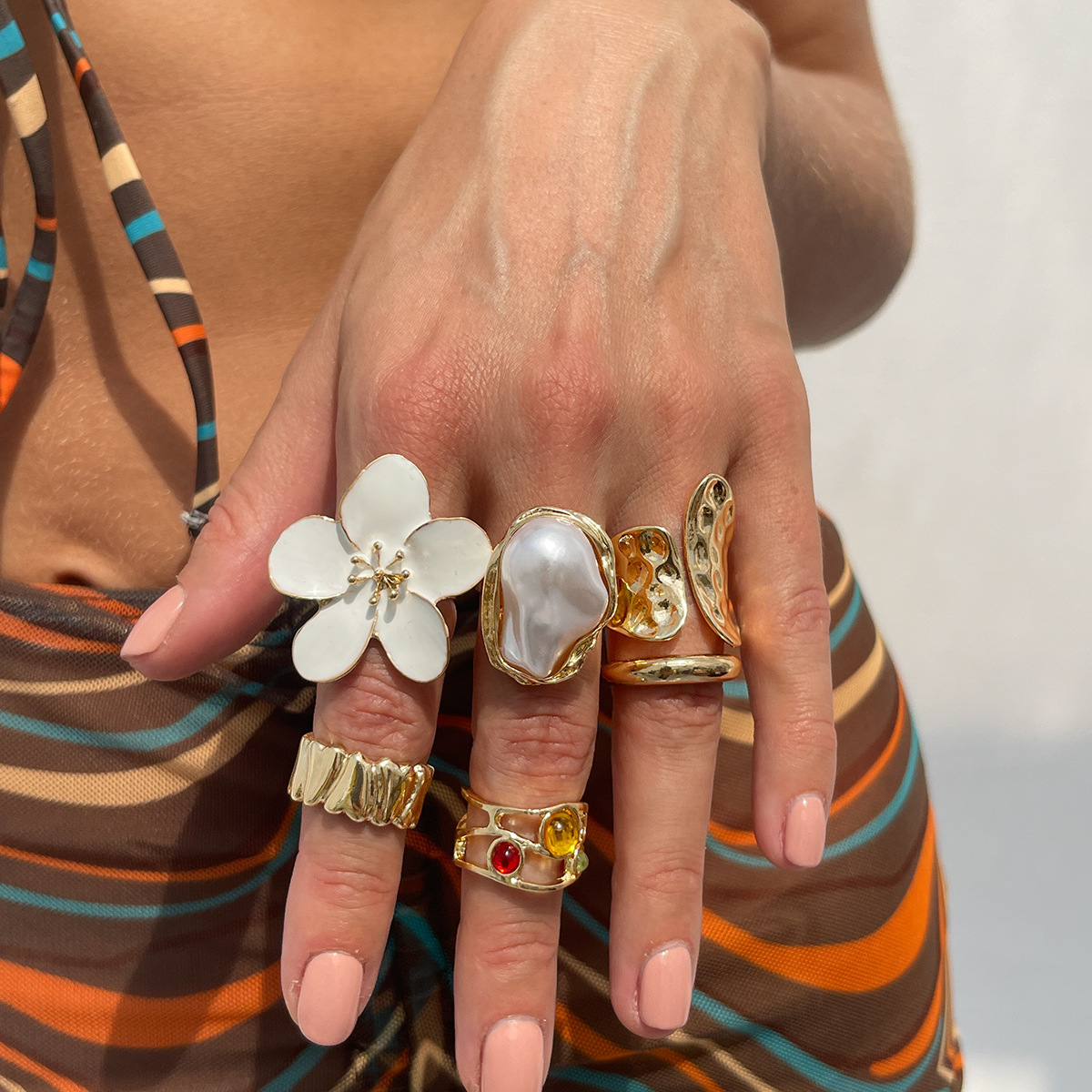 Liquid Lava Flower Open Ring Baroque Imitation Pearl Gemstone Ring