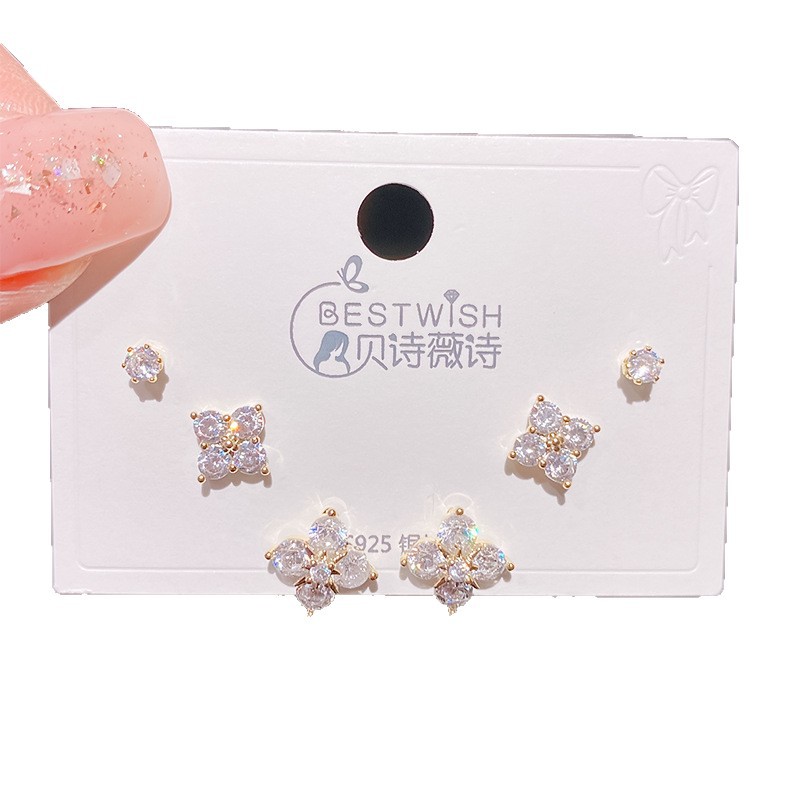Exquisite heavy work four-leaf flower zircon earrings three pairs, women's silver needle earring accessories 6-piece set