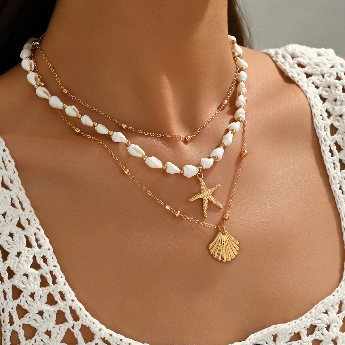 Ocean Vacation Style Starfish Scallop Shell Pendant Necklace Multi-layer Stacking Metal Chain Necklace