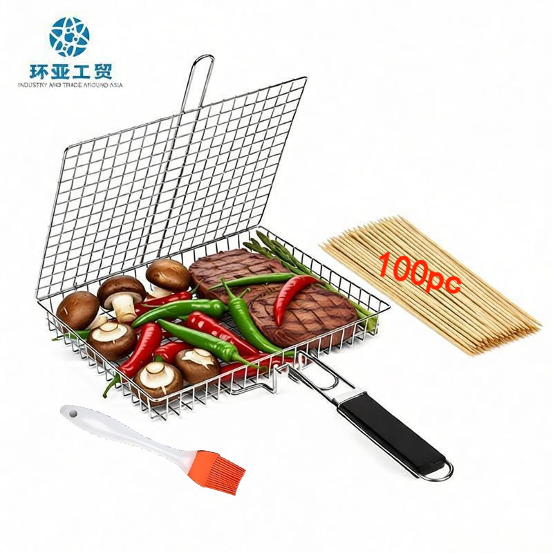 BBQ Stainless Steel Folding Handle Grill Tongs Outdoor Multi-functional BBQ Net Grilled Fish Vegetable Barbecue Tool