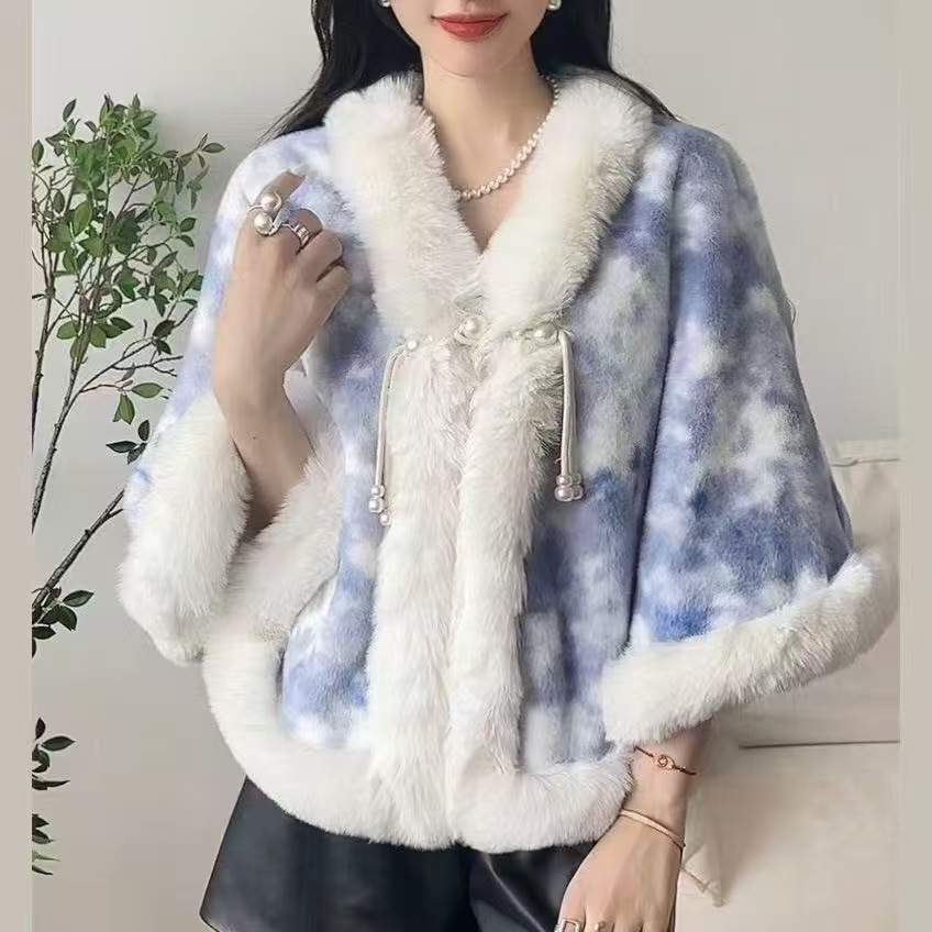 806# New Chinese Style Cheongsam Shawl Pearl Button Cape Thickened Season National Style Fur Collar Cape Shawl
