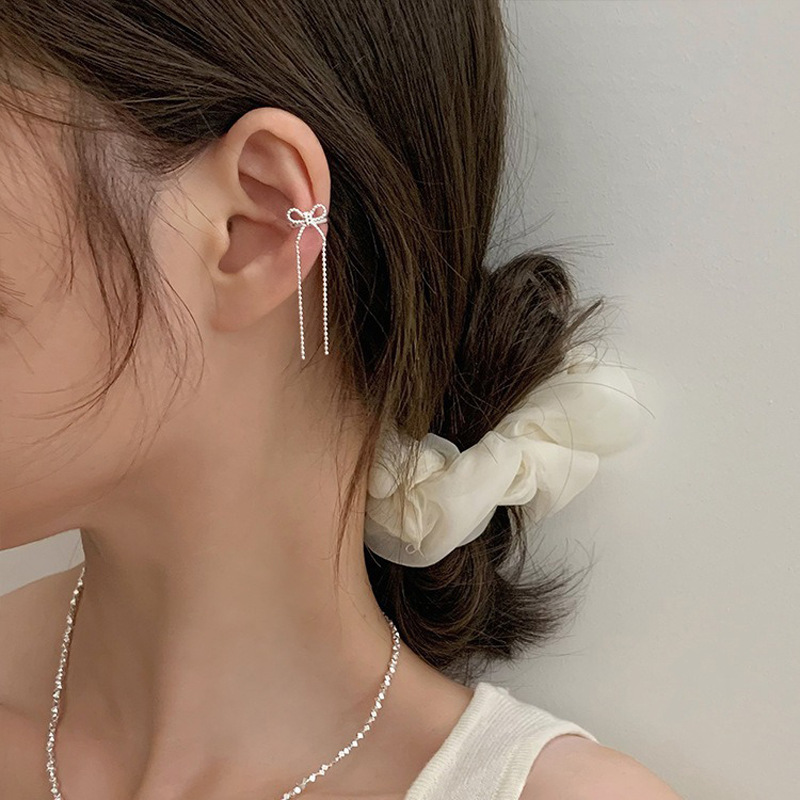 Bow Ear Clip No Piercing Chanel Style Earring Face Slimming Zircon Long Tassel Ear Cuff for Women