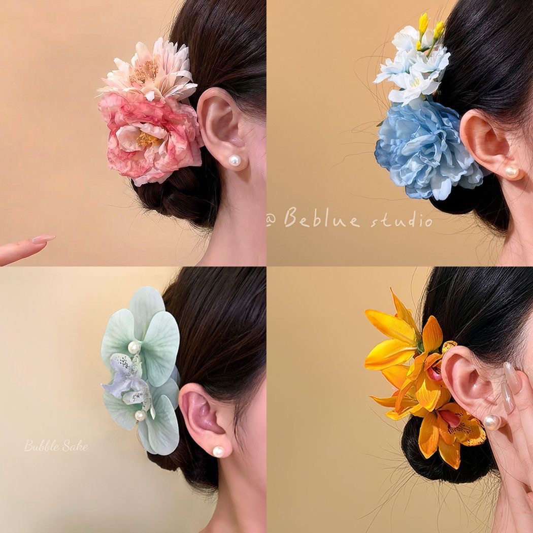 New Chinese style lily flower hair clip for women super fairy bangs duckbill clip ancient style cheongsam accessory head flower hair accessory
