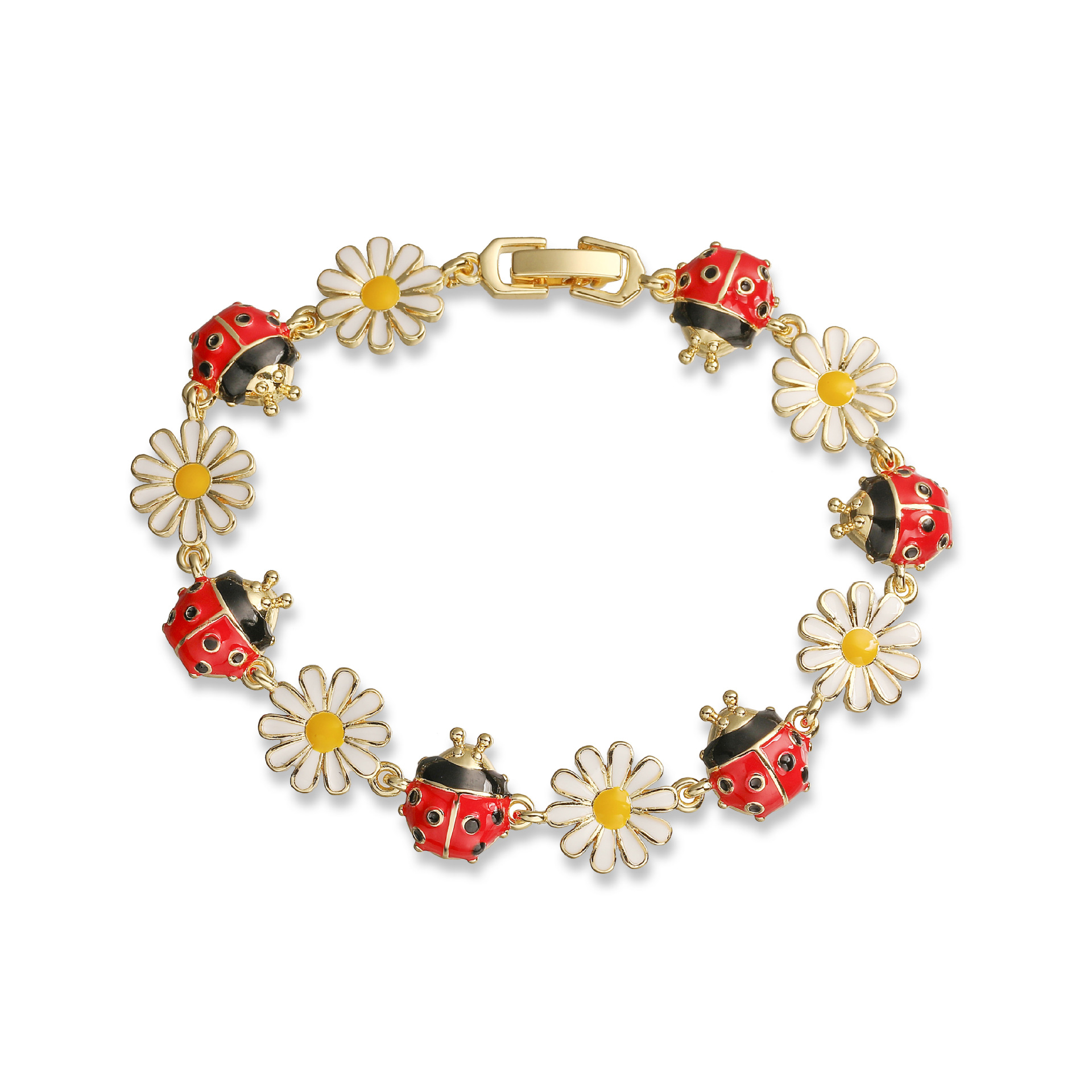 Fresh and Cute Colorful Drip Oil Beetle Daisy Patchwork Bracelet for Women Unique Flower Ladybug Bangle