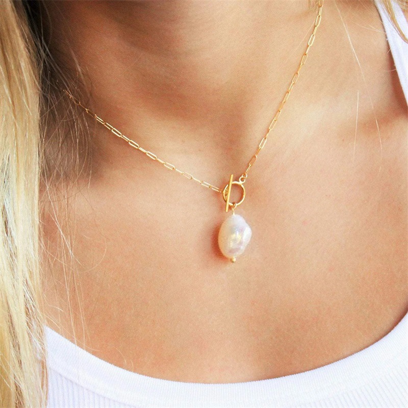 eManco Baroque Freshwater Pearl Necklace Stainless Steel Necklace Square Chain Choker Jewelry