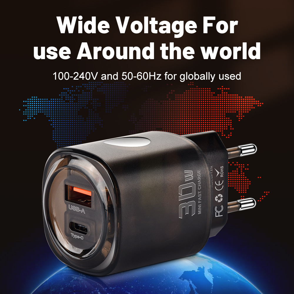 30W USB+Type-C Dual Port Fast Charging Phone Charger PD US/EU Travel Charger