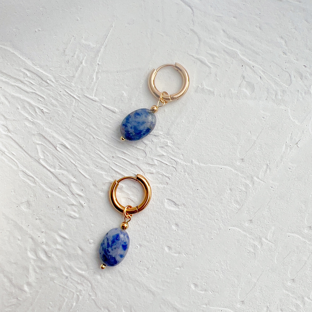 Oval-Shaped Earrings with Wind-Style Clasps, Titanium Steel and Natural Stone