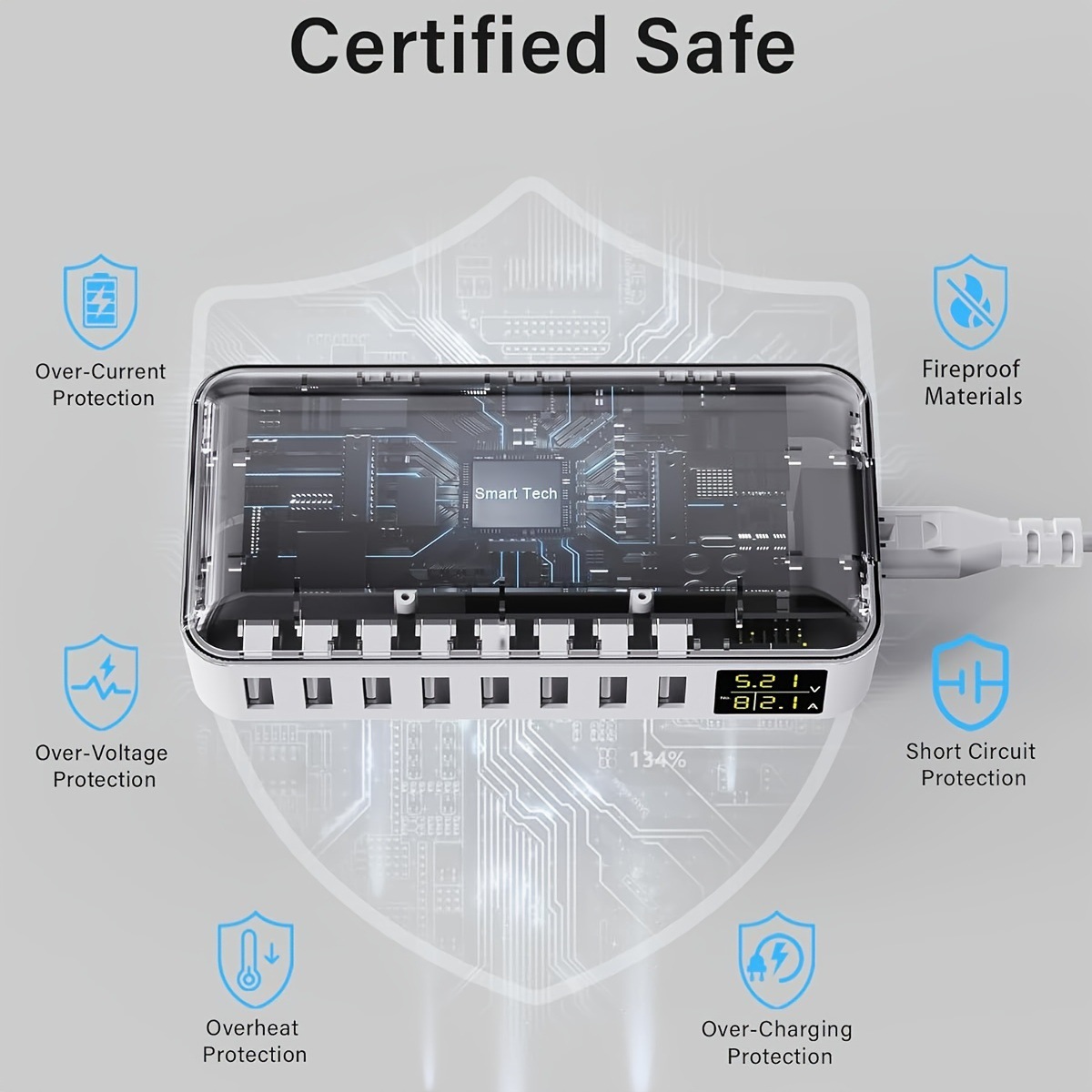 Multi-USB Port Desktop Fast Charger for Various Phones, Earphones, Power Banks, etc.