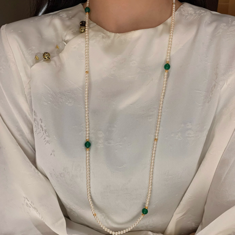 Chrysoprase multi-layer long pearl necklace women new Chinese style agate cheongsam accessory sweater chain neck chain