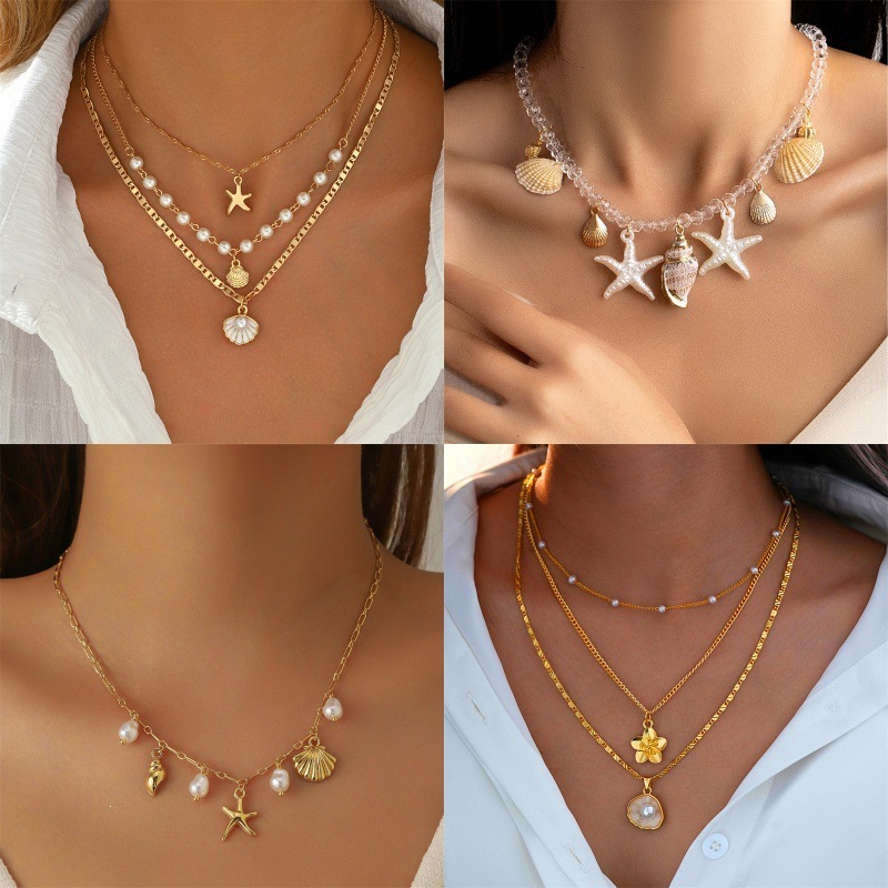 Summer Ocean Vacation Starfish Shell Conch Pearl Multi-layer Necklace Exaggerated Multi-layer Layered Necklace