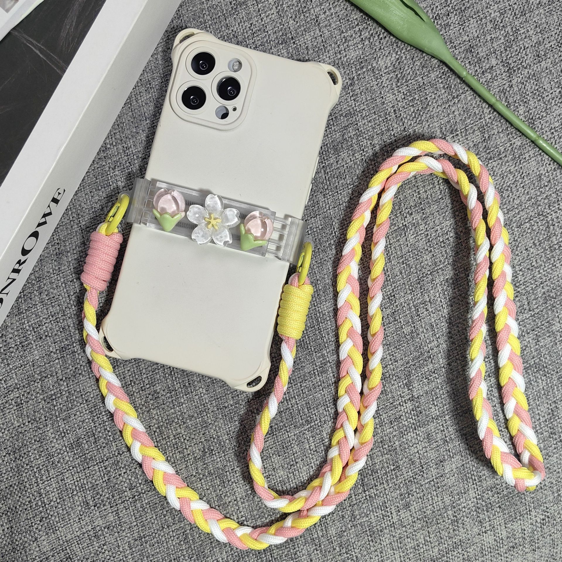 3D crystal flower back clip diagonal long rope Japanese and Korean girl back strap portable hanging ornament anti-loss accessory